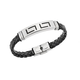 Βραχιόλι Senza Men&#039;s Steel, Ατσάλι με μαίανδρο και μαύρη δερματίνη