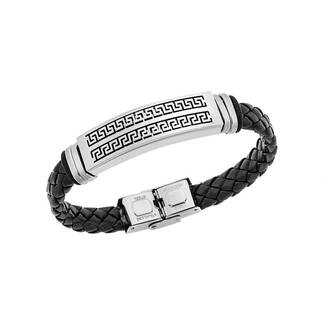 Βραχιόλι Senza Men&#039;s Steel, Ατσάλι με διπλή σειρά μαίανδρο και μαύρη δερματίνη