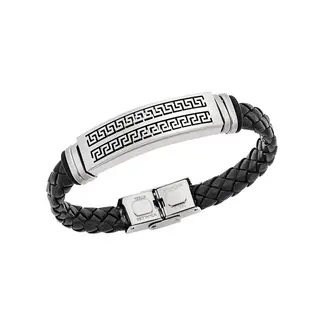 Βραχιόλι Senza Men&#039;s Steel, Ατσάλι με διπλή σειρά μαίανδρο και μαύρη δερματίνη