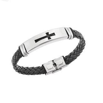 Βραχιόλι Senza Men&#039;s Steel, Ατσάλι με σταυρό και μαύρη δερματίνη