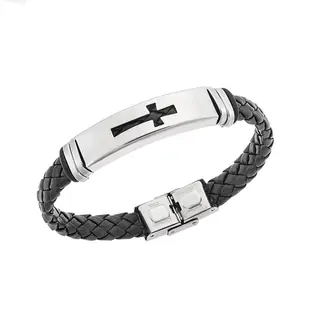 Βραχιόλι Senza Men&#039;s Steel, Ατσάλι με σταυρό και μαύρη δερματίνη