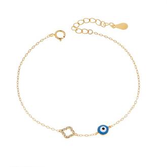 Βραχιόλι Senza Gold Plated Silver 925, Ματάκι γαλάζιο με σμάλτο και σταυρό με ζιργκόν