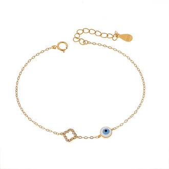 Βραχιόλι Senza Gold Plated Silver 925, Ματάκι λευκό &amp; γαλάζιο με σμάλτο και σταυρό με ζιργκόν