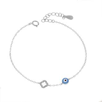 Βραχιόλι Senza Silver 925, Ματάκι γαλάζιο με σμάλτο και σταυρό με ζιργκόν