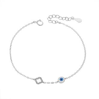 Βραχιόλι Senza Silver 925, Ματάκι λευκό &amp; γαλάζιο με σμάλτο και σταυρό με ζιργκόν