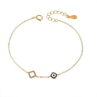Βραχιόλι Senza Gold Plated Silver 925, Ματάκι μπλε με σμάλτο και σταυρό με ζιργκόν