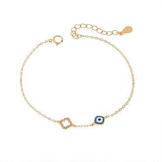 Βραχιόλι Senza Gold Plated Silver 925, Ματάκι γαλάζιο με σμάλτο και σταυρό με ζιργκόν