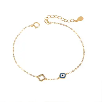 Βραχιόλι Senza Gold Plated Silver 925, Ματάκι γαλάζιο με σμάλτο και σταυρό με ζιργκόν