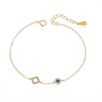 Βραχιόλι Senza Gold Plated Silver 925, Ματάκι λευκό &amp; γαλάζιο με σμάλτο και σταυρό με ζιργκόν