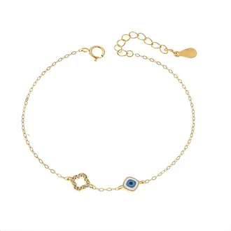Βραχιόλι Senza Gold Plated Silver 925, Ματάκι λευκό &amp; γαλάζιο με σμάλτο και σταυρό με ζιργκόν