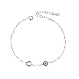 Βραχιόλι Senza Silver 925, Ματάκι γαλάζιο με σμάλτο και σταυρό με ζιργκόν
