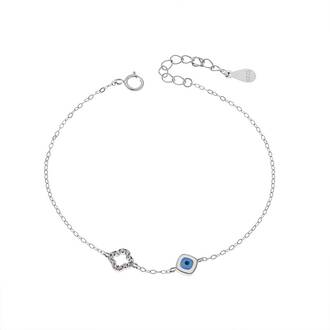 Βραχιόλι Senza Silver 925, Ματάκι λευκό &amp; γαλάζιο με σμάλτο και σταυρό με ζιργκόν