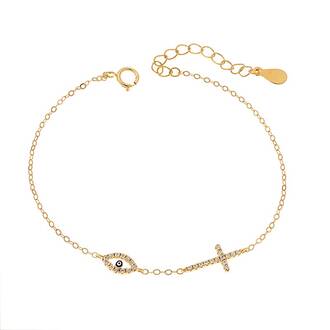 Βραχιόλι Senza Gold Plated Silver 925, Ματάκι μπλε και σταυρός με ζιργκόν