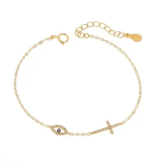 Βραχιόλι Senza Gold Plated Silver 925, Ματάκι μπλε και σταυρός με ζιργκόν