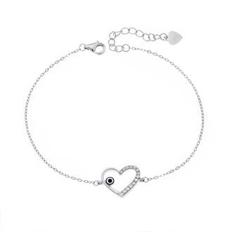 Βραχιόλι Senza Silver 925, Ματάκι μπλε και καρδιά με ζιργκόν