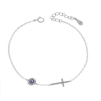 Βραχιόλι Senza Silver 925, ματάκι μπλε με σμάλτο και σταυρός με ζιργκόν