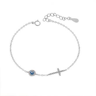 Βραχιόλι Senza Silver 925, ματάκι γαλάζιο με σμάλτο και σταυρός με ζιργκόν