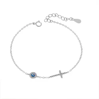 Βραχιόλι Senza Silver 925, ματάκι γαλάζιο με σμάλτο και σταυρός με ζιργκόν