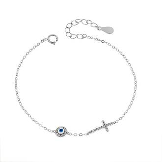 Βραχιόλι Senza Silver 925, ματάκι λευκό &amp; γαλάζιο με σμάλτο και σταυρός με ζιργκόν