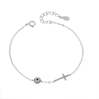 Βραχιόλι Senza Silver 925, ματάκι λευκό &amp; γαλάζιο με σμάλτο και σταυρός με ζιργκόν