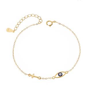 Βραχιόλι Senza Silver 925 Gold Plated, Μάτι με σμάλτο και σταυρουδάκι
