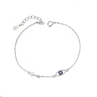 Βραχιόλι Senza Silver 925, Μάτι με σμάλτο και σταυρουδάκι