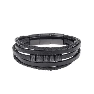 Βραχιόλι Senza Men&#039;s Steel Black Leather Strap