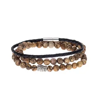 Βραχιόλια Senza Men&#039;s Black Leather &amp; Yellow Jasper Set