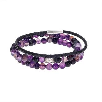 Βραχιόλια Senza Men&#039;s Black Leather &amp; Purple Agate Set