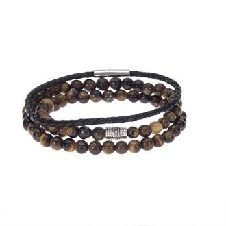 Βραχιόλια Senza Men&#039;s Black Leather &amp; Brown Tiger Eye Set