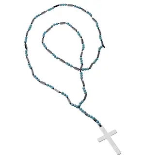 Κολιέ Men&#039;s Senza Hematite &amp; Turquoise Stones with Steel Cross