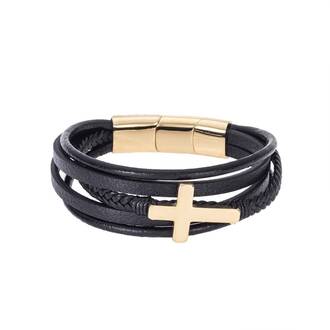 Βραχιόλι Senza Men&#039;s Steel Black Leather Strap with Gold Cross