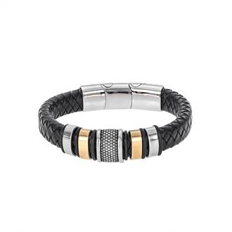 Βραχιόλι Senza Men&#039;s Steel Black Leather Strap