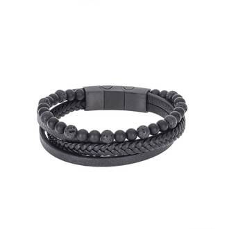 Βραχιόλι Senza Men&#039;s Steel Black Leather Strap