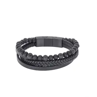 Βραχιόλι Senza Men&#039;s Steel Black Leather Strap