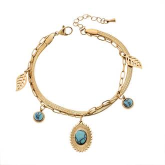 Βραχιόλι Senza Steel Gold Plated, Διπλό αλυσιδωτό με τυρκουάζ πέτρες