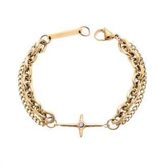 Βραχιόλι Senza Steel Gold Plated, Διπλό αλυσιδωτό με σταυρό