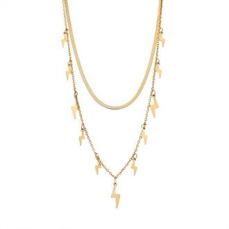 Κολιέ Senza Stainless Steel Gold Plated, Διπλή αλυσίδα με κρεμαστούς κεραυνούς