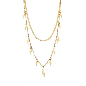 Κολιέ Senza Stainless Steel Gold Plated, Διπλή αλυσίδα με κρεμαστούς κεραυνούς