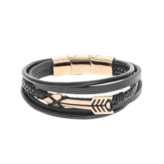 Βραχιόλι Senza Men&#039;s Steel Black Leather Strap