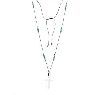 Κολιέ Unisex Senza Hematite &amp; Turquoise Stones with Steel Cross