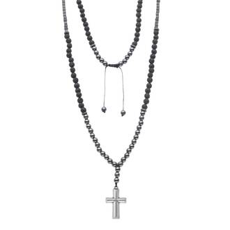 Κολιέ-Ροζάριο Unisex Senza Hematite &amp; Lava Stones with Steel Cross