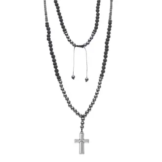 Κολιέ-Ροζάριο Unisex Senza Hematite &amp; Lava Stones with Steel Cross