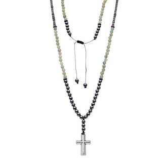 Κολιέ-Ροζάριο Unisex Senza Hematite &amp; Aventurine Stones with Steel Cross