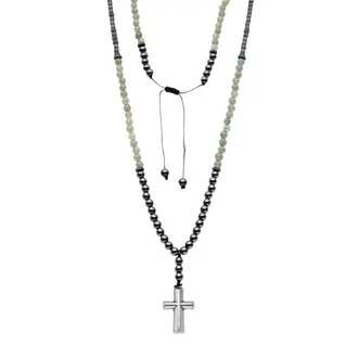 Κολιέ-Ροζάριο Unisex Senza Hematite &amp; Aventurine Stones with Steel Cross