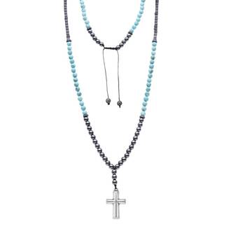 Κολιέ-Ροζάριο Unisex Senza Hematite &amp; Turquoise Stones with Steel Cross
