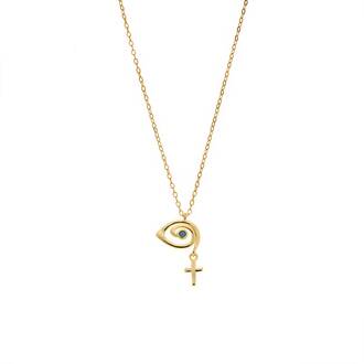 Κολιέ Senza Silver 925 Gold Plated, Ματάκι με κρεμαστό σταυρό