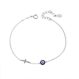 Βραχιόλι Senza Silver 925, Ματάκι με μπλε σμάλτο και σταυρό