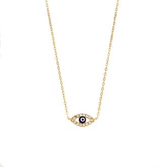 Κολιέ Senza Silver 925 Gold Plated, Ματάκι μπλε με σμάλτο και λευκά ζιργκόν