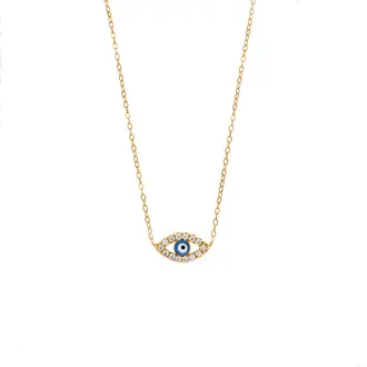 Κολιέ Senza Silver 925 Gold Plated, Ματάκι γαλάζιο με σμάλτο και λευκά ζιργκόν